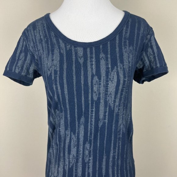 Athleta Top Tee Large Blue Ikat Pure Organic Cotton Blend Ruched Seamless Womens - Picture 2 of 8